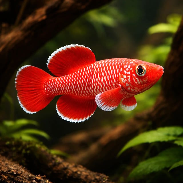 Male Nothobranchius korthausae Mafia Island TZN 08-04 among driftwood and aquarium plants — representative image