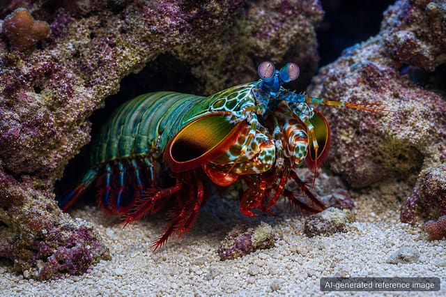 Medium Peacock Mantis Shrimp Odontodactylus scyllarus with vivid green, blue and orange colouring