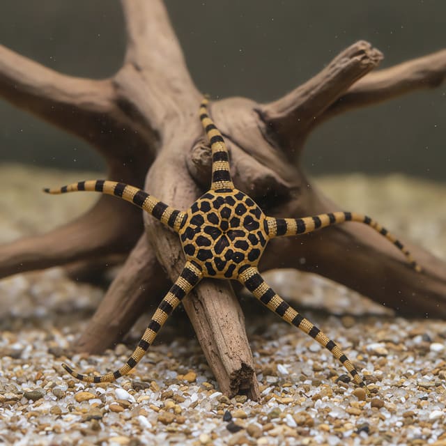 Medium Ophiolepis superba brittle star with long slender arms on live rock in a marine aquarium