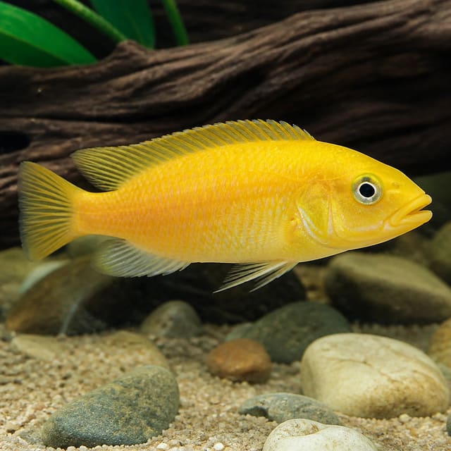 Kipili Gold Featherfin Cichlid (Ophthalmotilapia nasuta) in Tanganyika aquarium — representative image