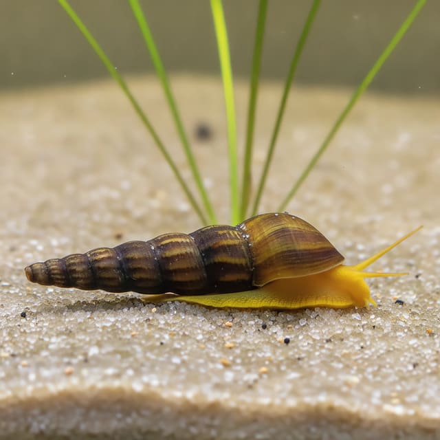 Illustrative Orange Rabbit Snail aquarium view; supplied Tylomelania shell and body colour vary
