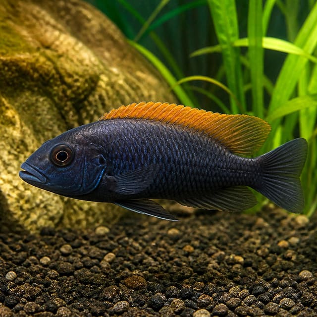 Otopharynx Black Orange Dorsal Malawi cichlid 5-6 cm with dark body and orange dorsal fin