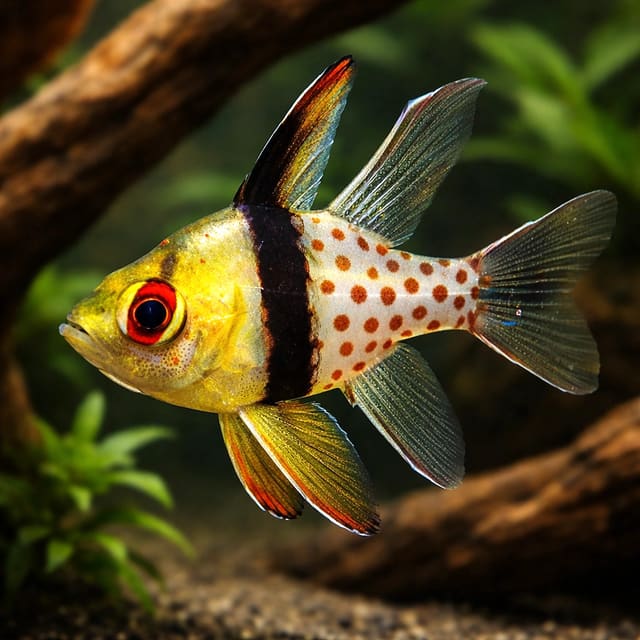 Pajama Cardinalfish Sphaeramia nematoptera medium size marine fish with spotted body and yellow tail