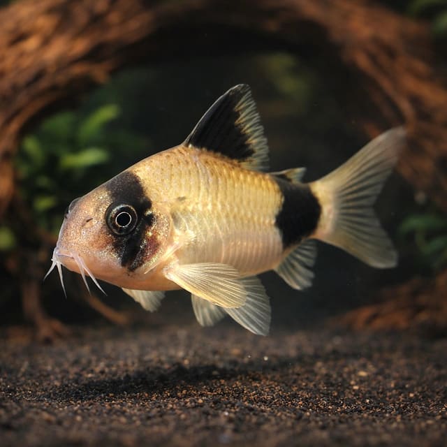 Illustrated Panda Cory showing the dark eye, dorsal and tail patches