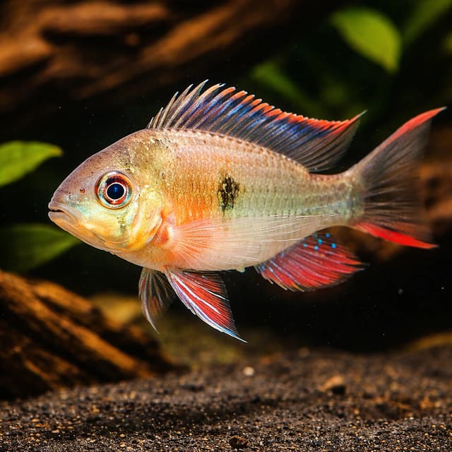 Bolivian Ram Cichlid (Mikrogeophagus altispinosus) in planted aquarium