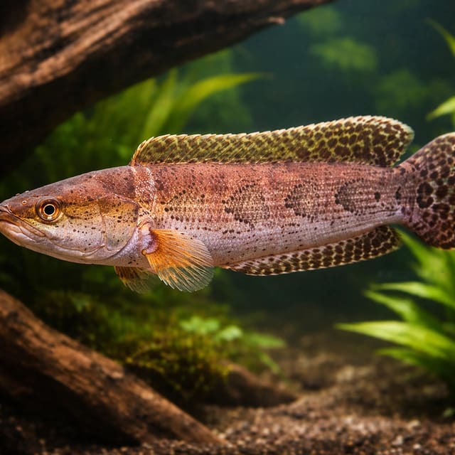 Illustrative Dusky Snakehead in a planted aquarium with driftwood