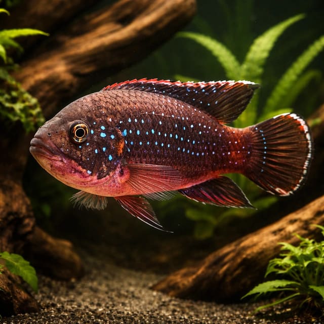 Payne's Jewel Cichlid juvenile with red colour and blue spangling