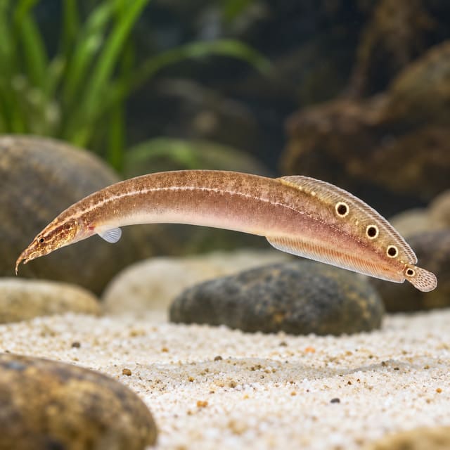 Peacock spiny eel (Macrognathus siamensis), tan with a pale side stripe and eye-spots near the tail, above pale sand