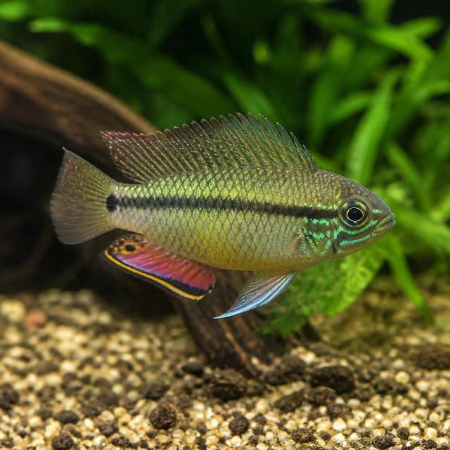 Nigerian Green Kribensis (Pelvicachromis taeniatus) in a planted aquarium — representative image