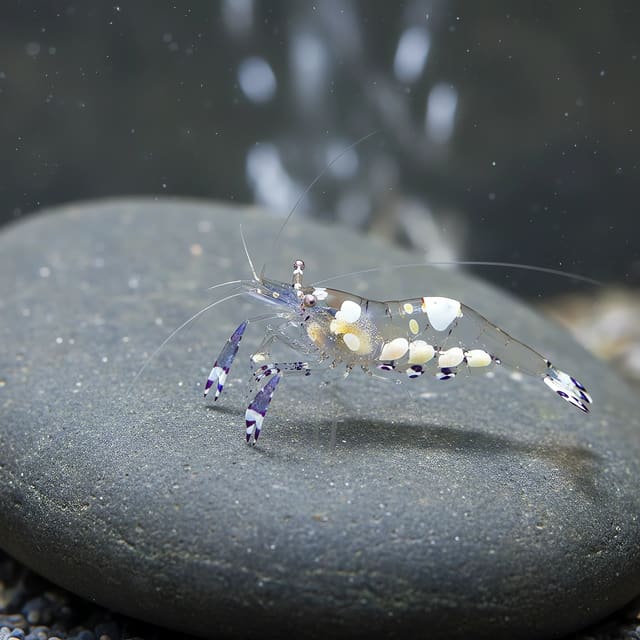 Periclimenes brevicarpalis anemone shrimp, a small reef-safe marine shrimp with translucent body and distinctive markings