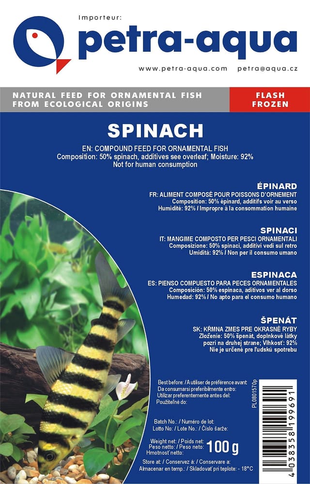 Petra Spinach frozen blister fish food 6 x 100g pack