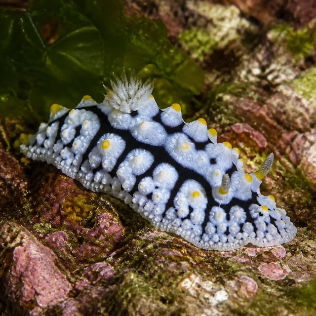 Phyllidia species nudibranch sea slug with bold patterned body on live rock in a marine aquarium