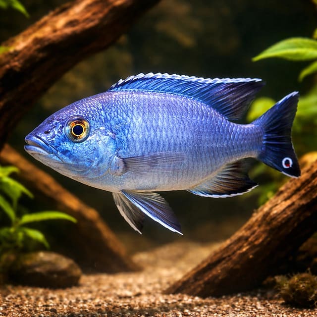 Illustration of an adult Blue Otter Cichlid; supplied unsexed juvenile colour varies