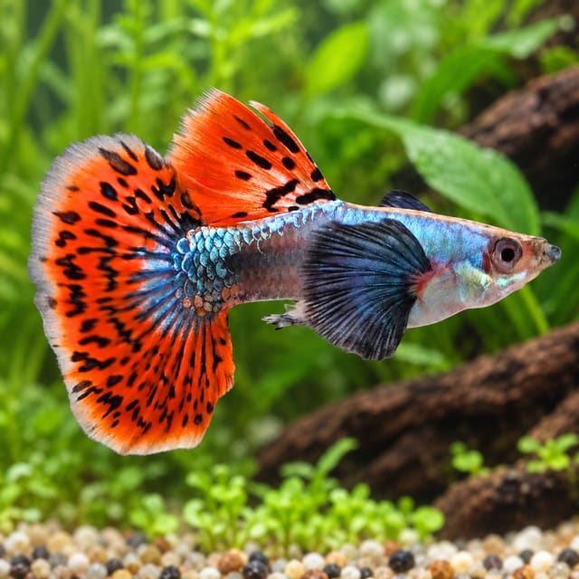 Male Platinum Red Mosaic Big Ear guppy with huge dark pectoral fins and a red-orange black-mosaic tail in a planted aquarium