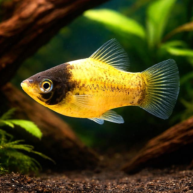 Bumblebee Platy with yellow-and-black pattern beside aquarium driftwood (Xiphophorus maculatus) — representative image