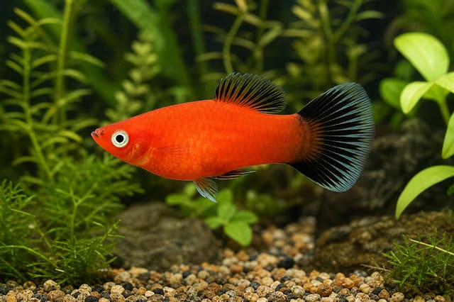 Red Wagtail Platy (Xiphophorus maculatus) with red body and dark fins, representative aquarium image