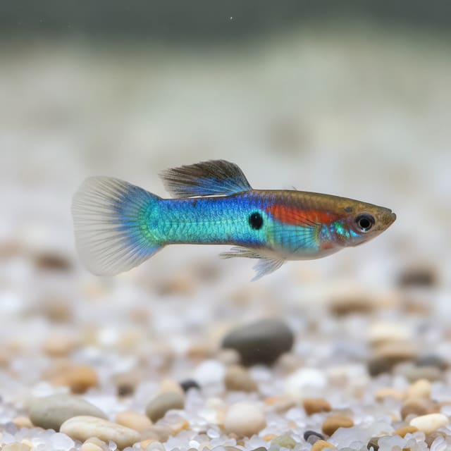 Japan Blue Endler livebearer, Poecilia endler, showing metallic blue colouration in a planted aquarium