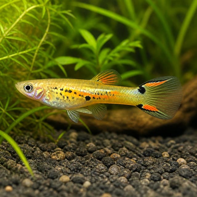 Golden male Endler guppy Poecilia endleri 2.5 cm with bright yellow-orange colouration