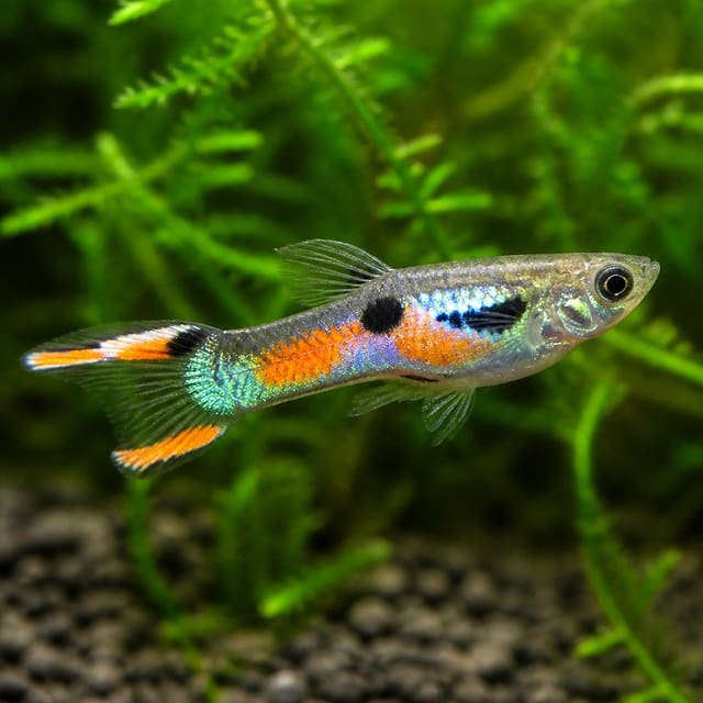 Colourful supercolour Endler’s livebearer fish, Poecilia wingei, 1.5–2 cm live tropical aquarium fish