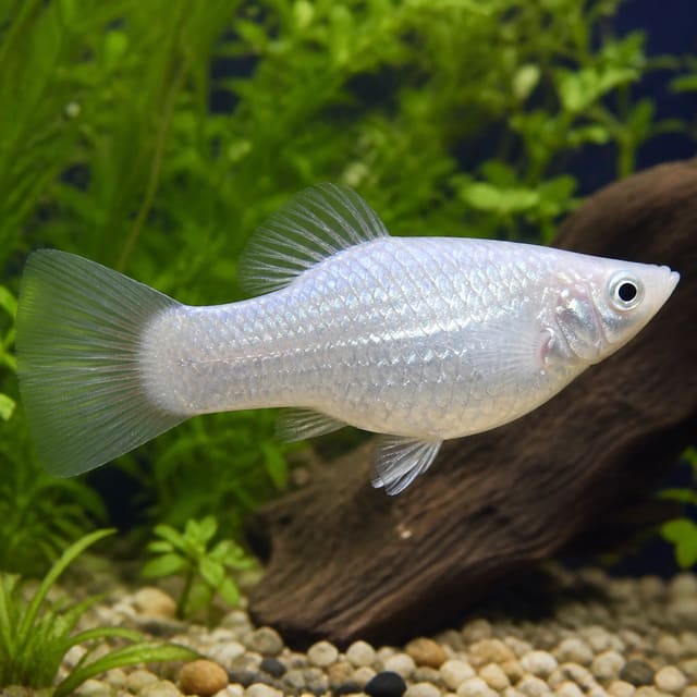 Aquarium reference for a platinum Sailfin Molly; live fish colour, sex and fin shape vary