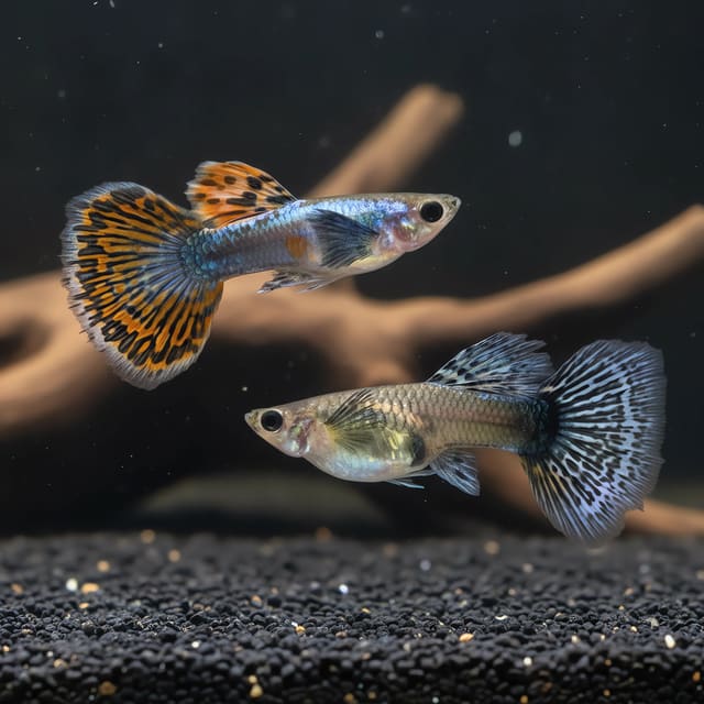 Poecilia ret. (in pair) platinum red mozaik big ear in a planted aquarium — representative image