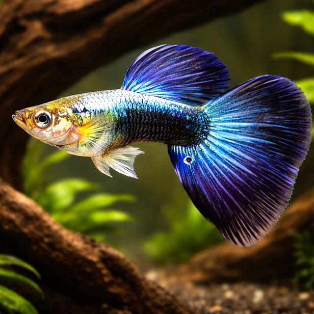Representative Metallic Blue Neon Male Guppy with a reflective blue body and broad blue-purple fins in a driftwood aquarium