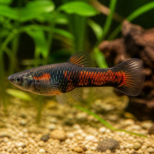 Poecilia wingei black fire in a planted aquarium