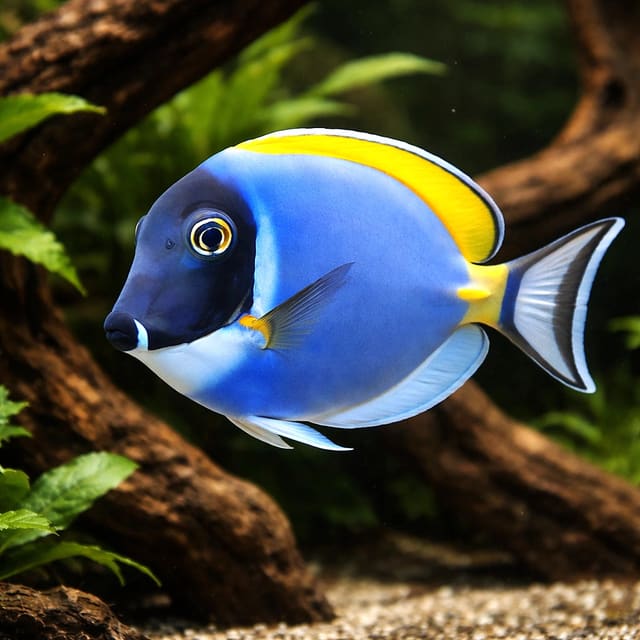 Powderblue Surgeonfish Acanthurus leucosternon M with vivid blue body, white face and yellow dorsal fin