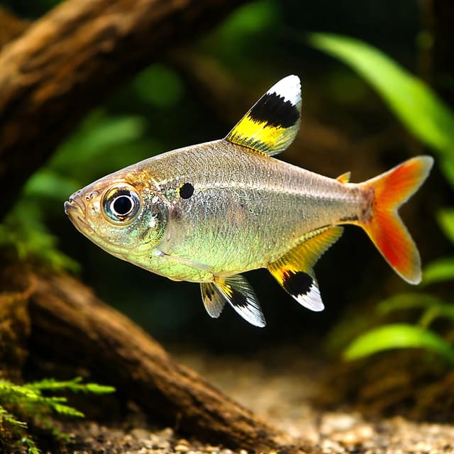 X Ray Tetra Pristella maxillaris 2 cm showing translucent body and yellow, black and red fin markings