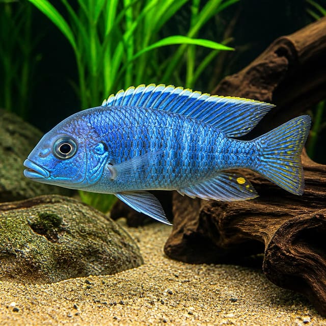 Juvenile Protomelas boadzulu Malawi cichlid 3–4 cm with slender body and developing colour