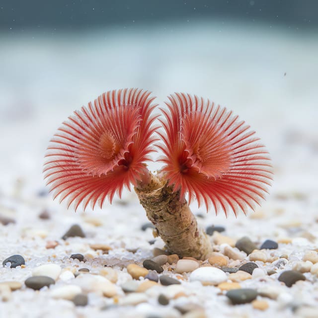 Red Protula bispiralis feather duster worm extending its crown from a tube in a marine reef aquarium