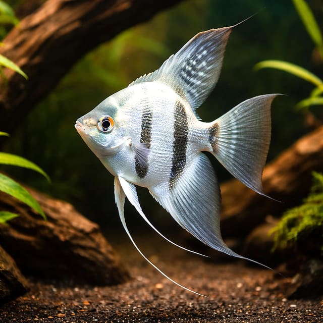 Representative Blue Diamond Angelfish with silver-blue scales, dark bars and tall fins in a planted aquarium