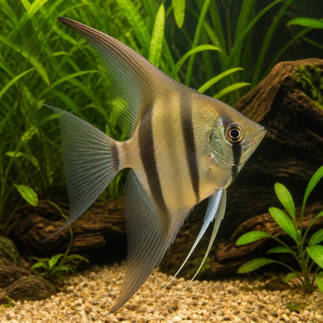 Rio Tocantins Angelfish Pterophyllum scalare in a tall planted aquarium — representative image