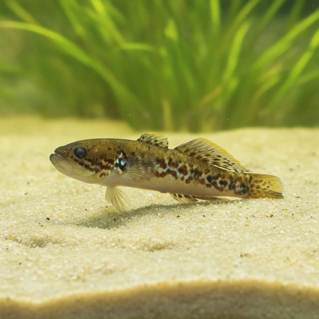 Purple spotted gudgeon (Mogurnda adspersa) in a planted aquarium — representative image
