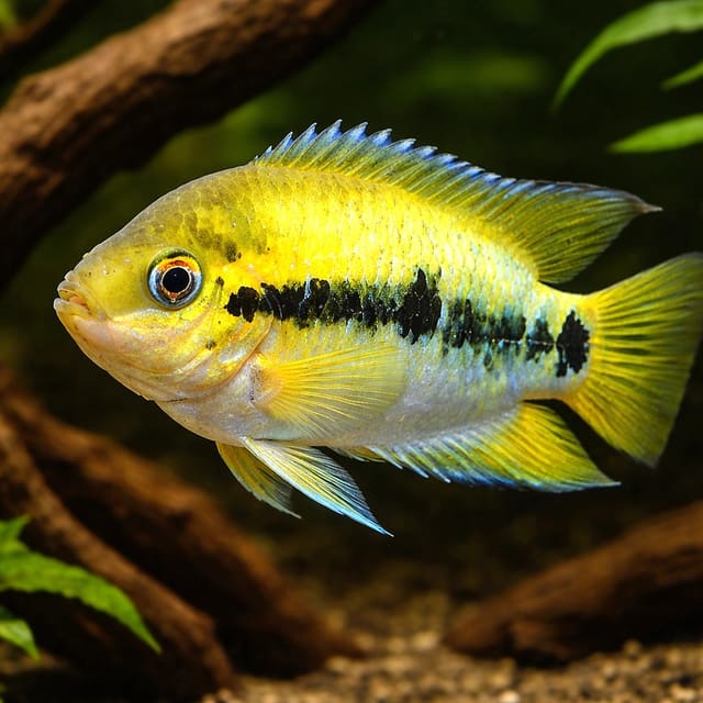 representative Rainbow Cichlid with a yellow body and dark lateral markings