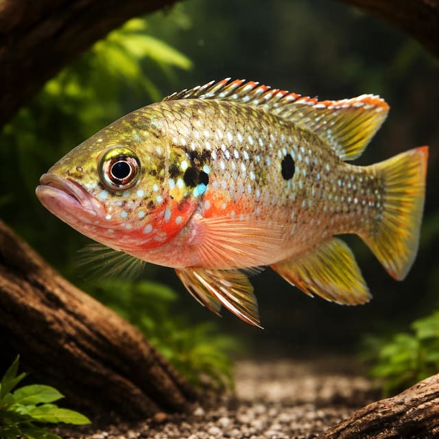 Red Jewel Cichlid (Rubricatochromis bimaculatus) in a natural driftwood aquarium, for N061