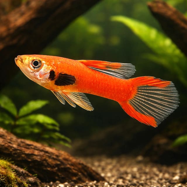 Red Endler livebearer Poecilia endler red 1-2 cm showing bright red colouration