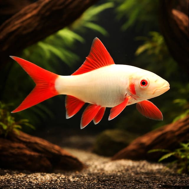 Albino Rainbow Shark (Epalzeorhynchos frenatum) with red fins near driftwood — representative image