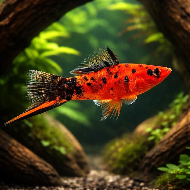 Berlin Swordtail with red-orange body and black marbling; pattern, sex and fins vary