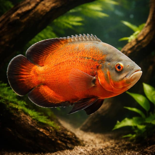 Red Oscar Astronotus ocellatus cichlid in a large aquarium