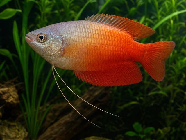 Representative Orange Thick-Lipped Gourami (Trichogaster labiosa) in a planted aquarium