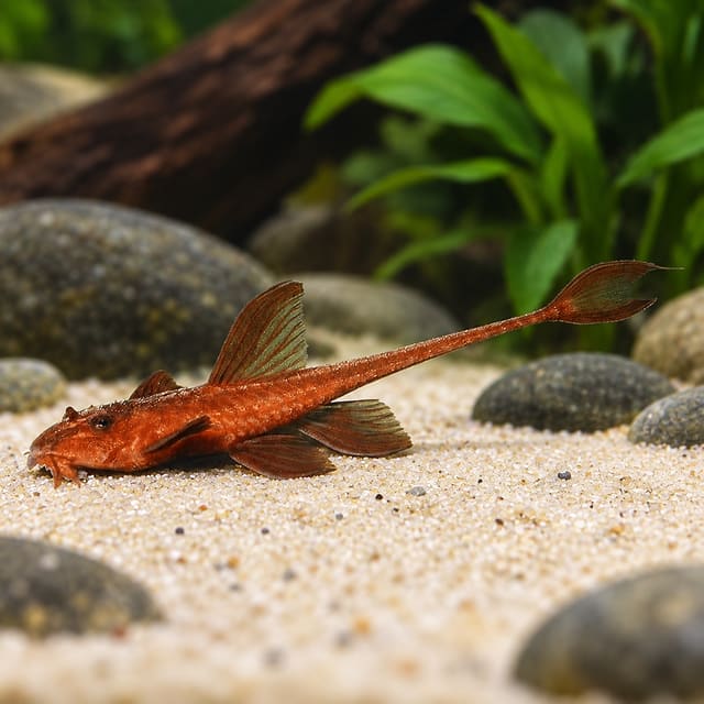 Red Whiptail Catfish, a rusty-red whiptail with a long slender tail and a sail-like dorsal fin, resting on pale sand