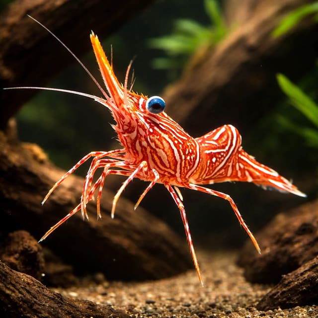 Medium Rhynchocinetes durbanensis dancing camel shrimp with red and white markings on live rock in a marine aquarium