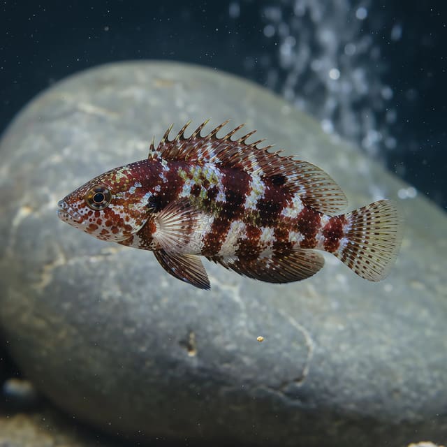 Juvenile Rockmover Wrasse Novaculichthys taeniourus with striking camouflage pattern in a marine aquarium