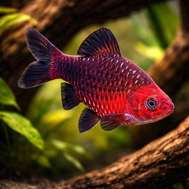 Black Ruby Barb showing dark ruby colour in a planted aquarium
