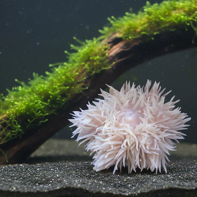 Sand anemone (Heteractis crispa blue tip) in a planted aquarium — representative image