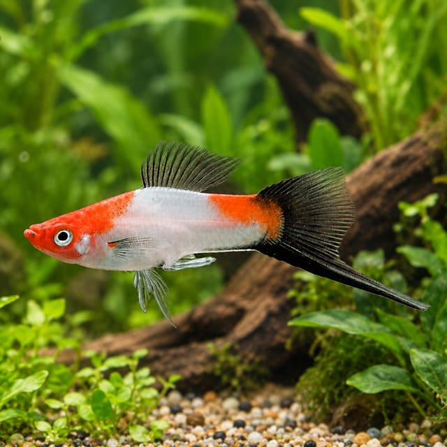 Santa Claus Kohaku wagtail male swordtail with a red head, a white body, an orange-red tail base and black fins and sword, in