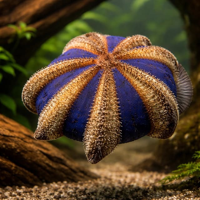 Black Sea Urchin Mespilia globulus with dark spines on live rock in a marine aquarium