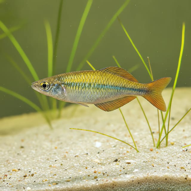 Sentani rainbowfish Chilatherina sentaniensis 4-5 cm showing shimmering colours in a tropical aquarium