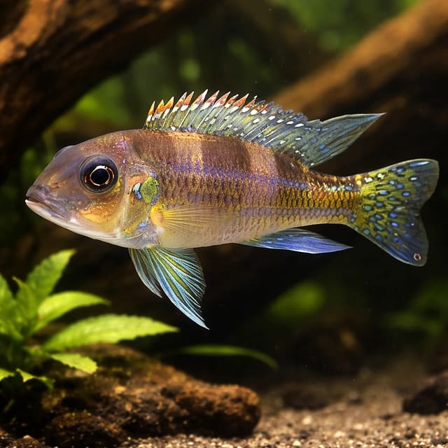 Spangled Cichlid (Limnochromis auritus) showing spotted flanks and Tanganyika cichlid form